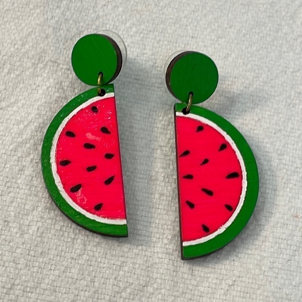 💐5/25 watermelon hot pink green rind painted wood drop